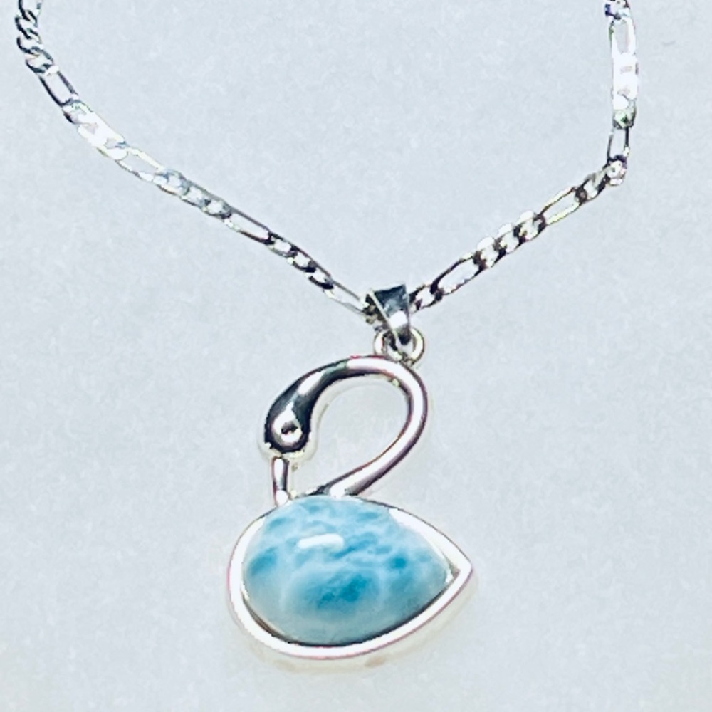 Larimar Stone Sterling Silver Blue Swan Pendant with 24” sterling silver chain.